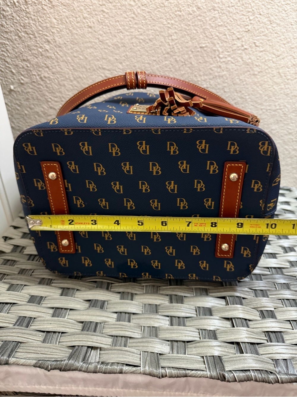 Dooney & Bourke Gretta Navy and Brown Monogram Drawstring Bucket Bag - Picture 7 of 14